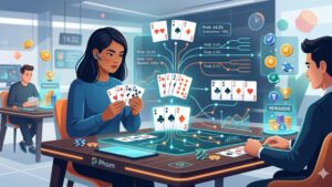 Иллюстрация с игральными картами и графиками для анализа тактики и вероятностей в игре Phom